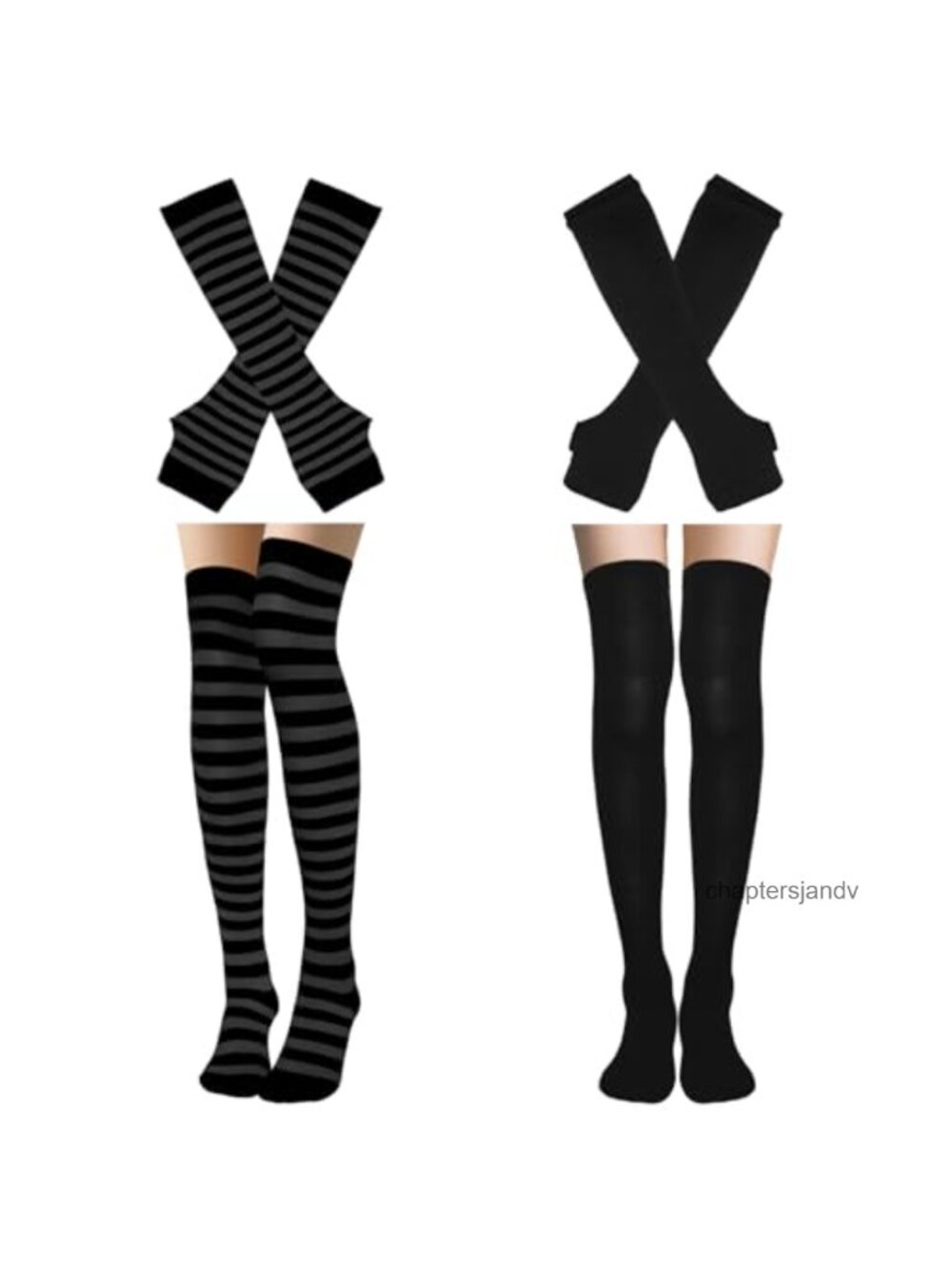 Womens Striped Knee High Socks & Fingerless Gloves Set Cosplay Party
